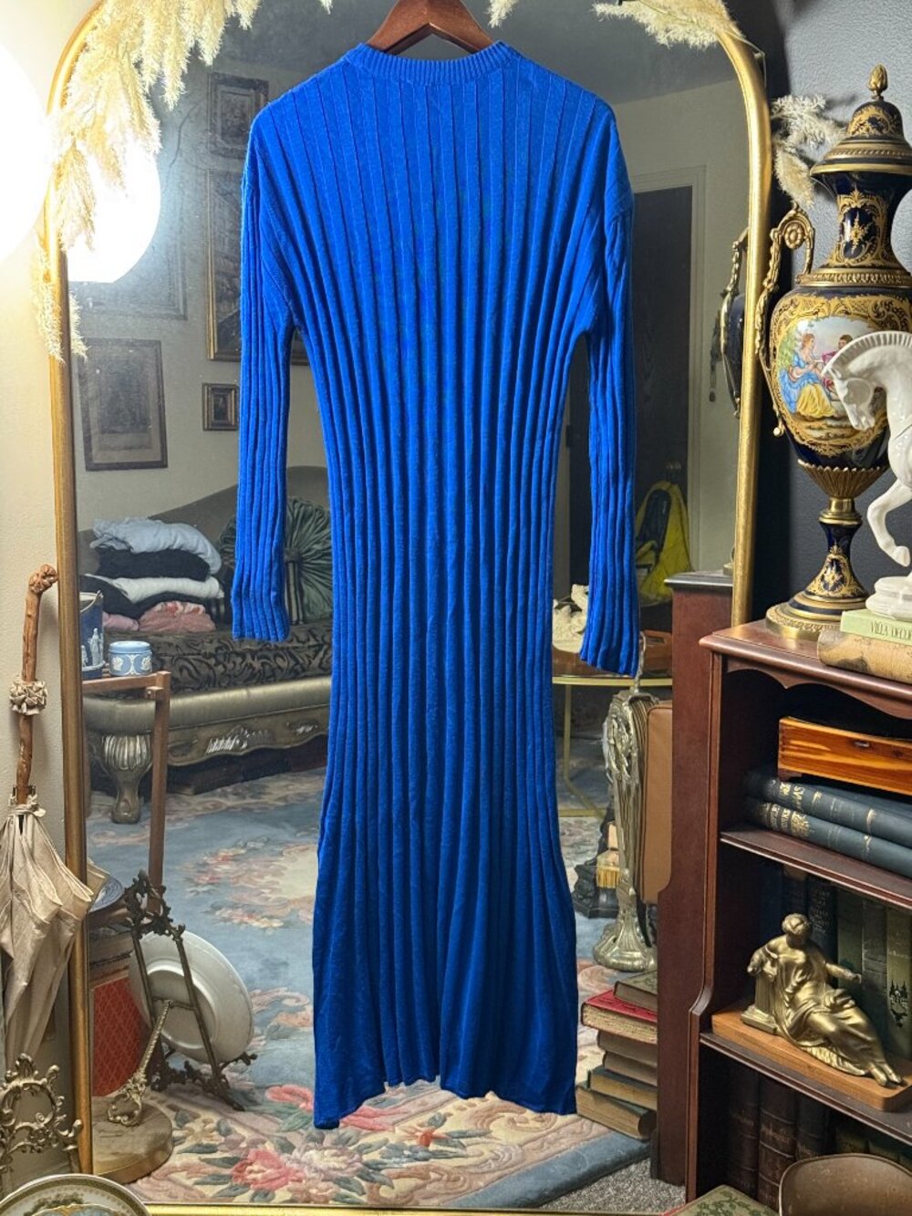 Royal Blue Ribbed Knit Long Sleeve Bodycon Minimalist Chic Midi Dress - Picture 6 of 6